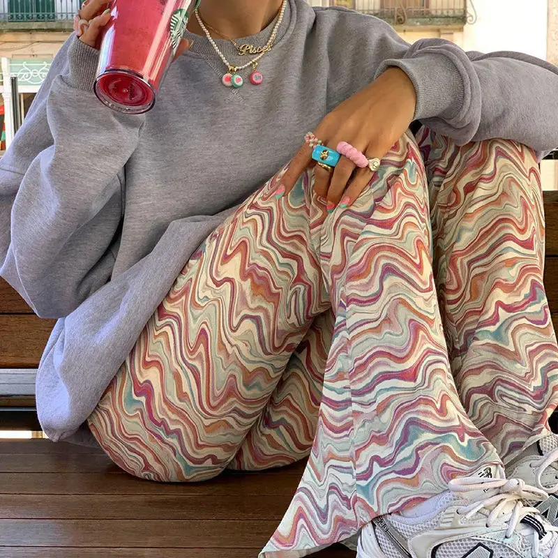 

DUOFAN Y2K Baggy Pants Women Streetwear High Waisted Flare Pants Loose Casual Print Sweatpants Harajuku Vintage Hot Trousers