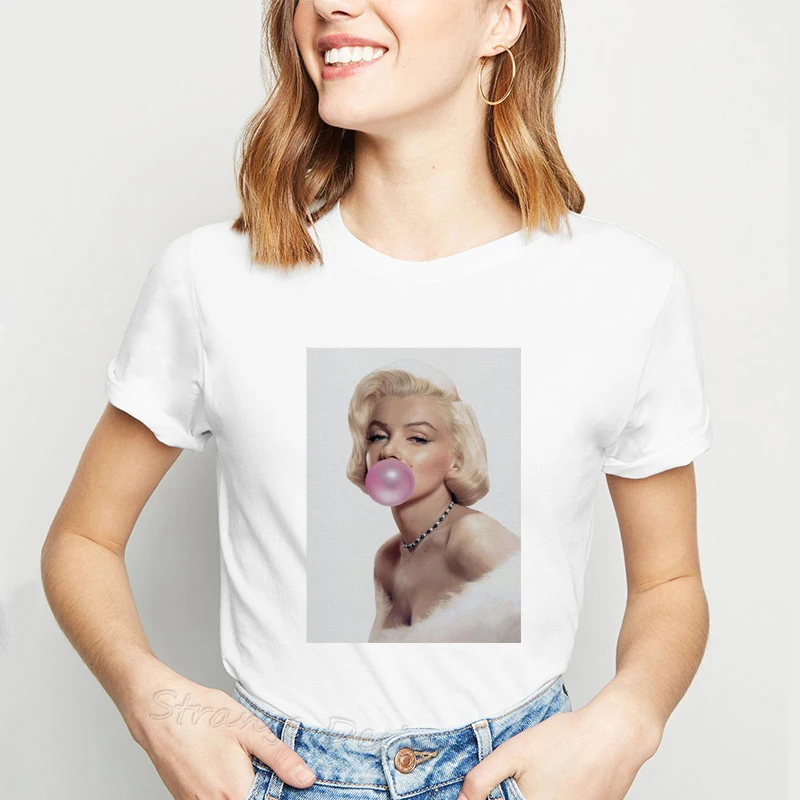 

Marilyn Monroe Bubble Gum Ulzzang Female T-shirt 2019 Vogue Chewing Bubblegum Printed Aesthetic Clothes Graphic Tee Shirt Femme