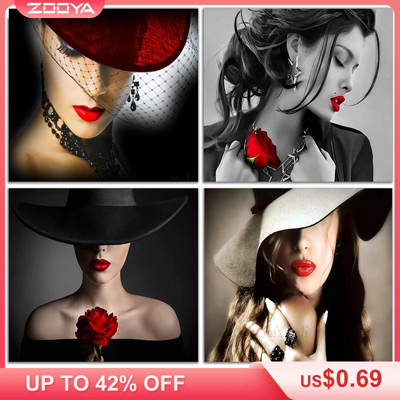 ZOOYA DIY Алмазная вышивка портрет красивая женщина красными шляпками и в виде