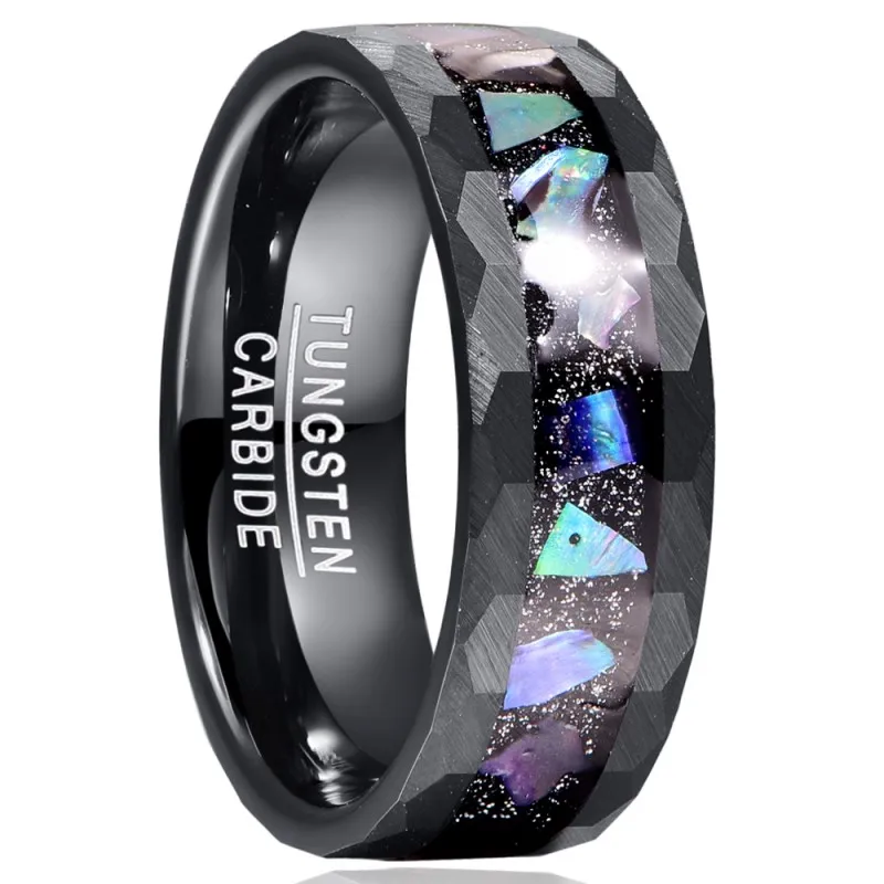 

Nuncad 8mm Starry Sky Bottom Abalone Shell Edge Hammered Lasa Black Tungsten Carbide Ring Men's Rings