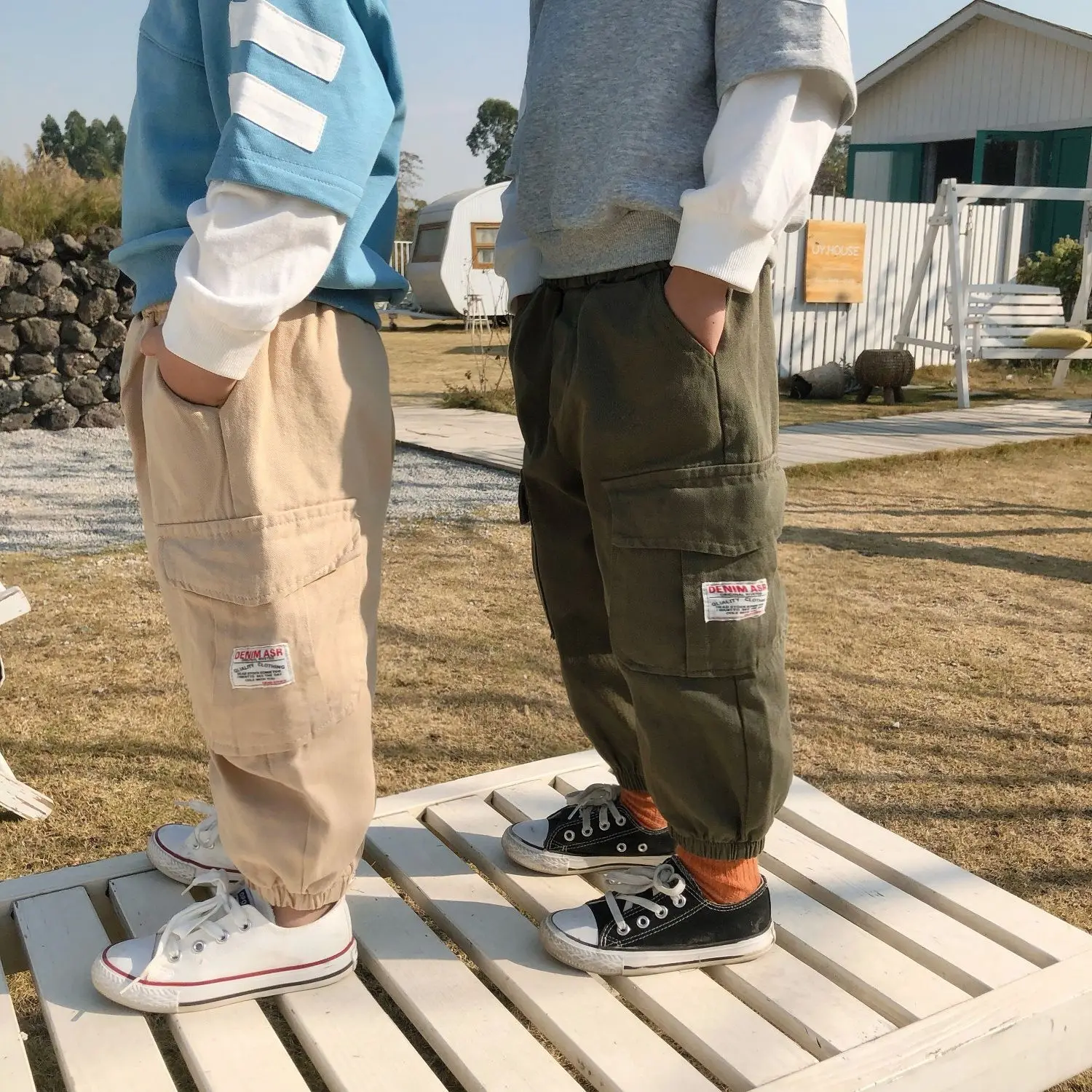 Весенне осенние детские модные брюки карго с боковыми карманами 3 вида цветов для