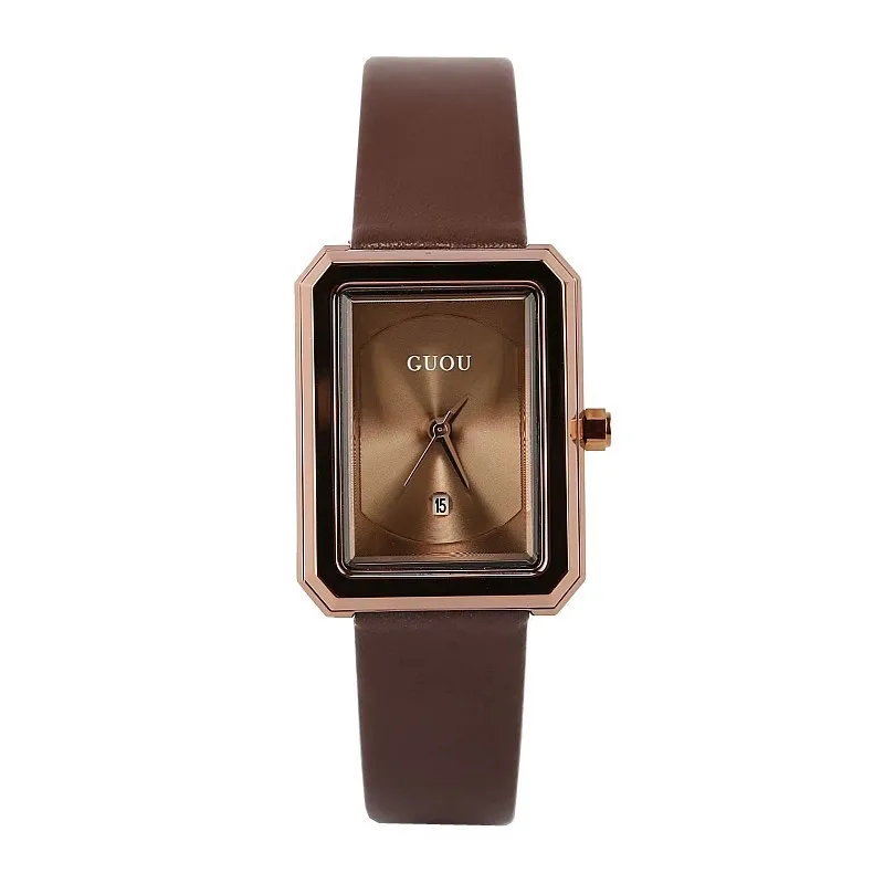 Часы женские маленькие квадратные в стиле ретро с кожаным ремешком и календарем