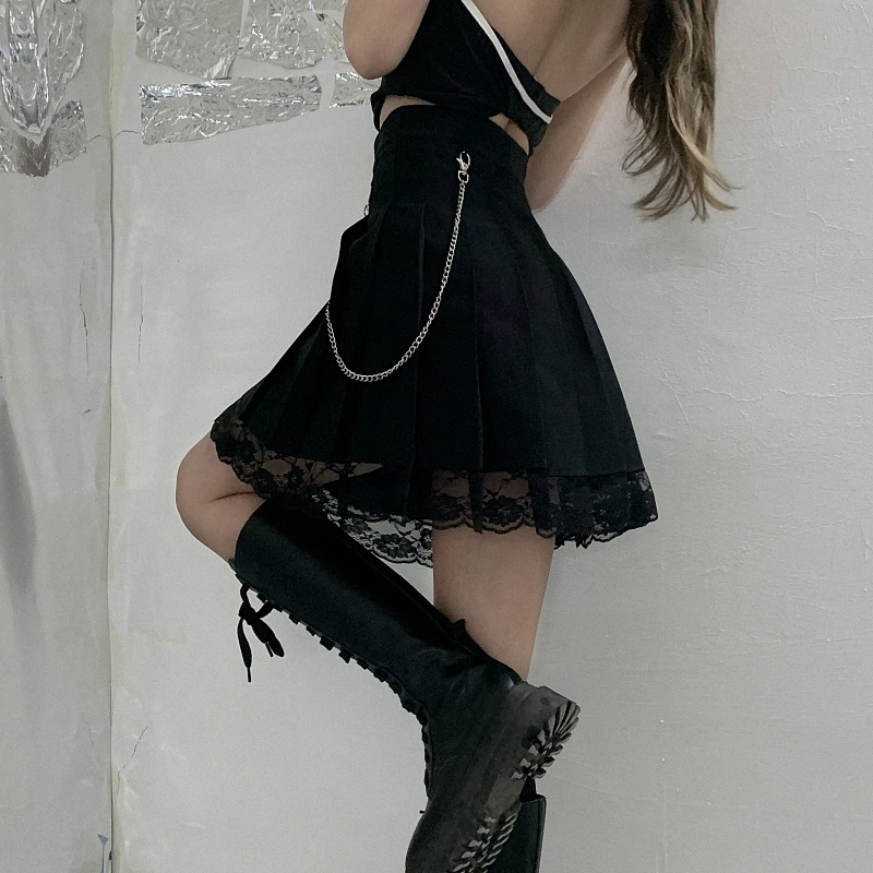 

Harajpoo Women Skirts Female Summer Korean Version Ins Street Black Lace Stitch High Waist Student A-line Short Pleated Skirt