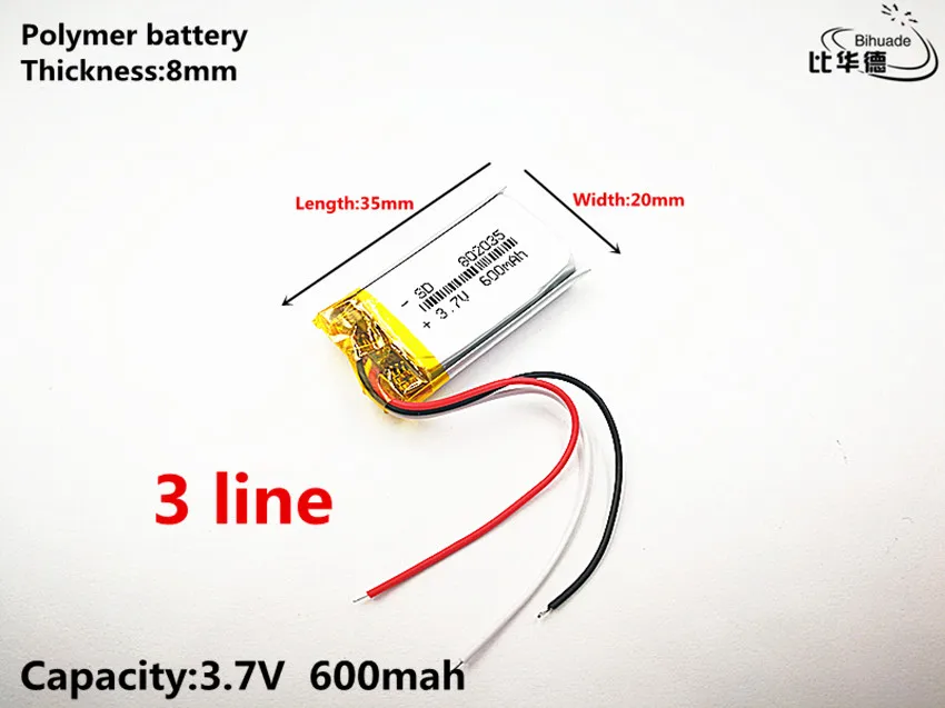 3 line 5pcs/lot Good Qulity 3.7V 600mAH 802035 Polymer lithium ion / Li-ion battery for TOY POWER BANK GPS mp3 mp4 | Электроника