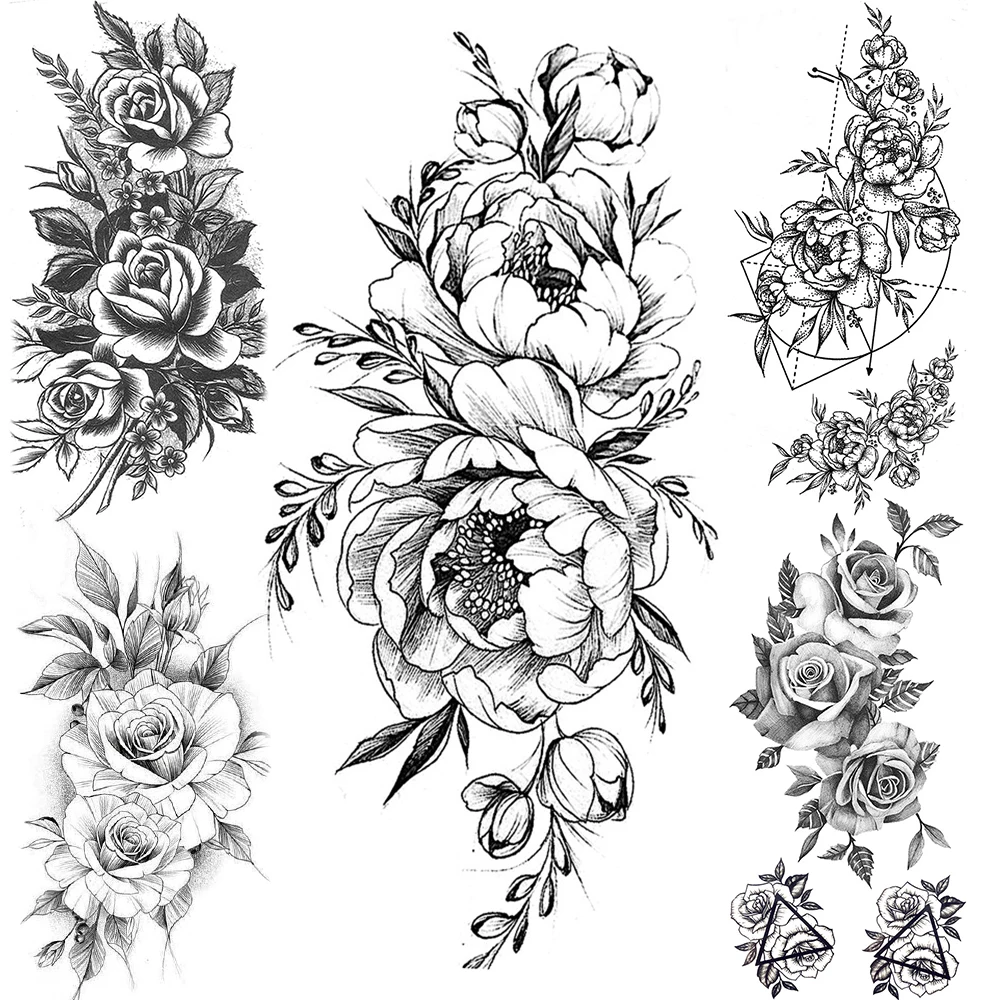 

Large Flower Temporary Tattoos For Women Black Rose Daisy Peony Tattoo Sticker Realistic Triangle leaves Fake Tatoos Body Arm