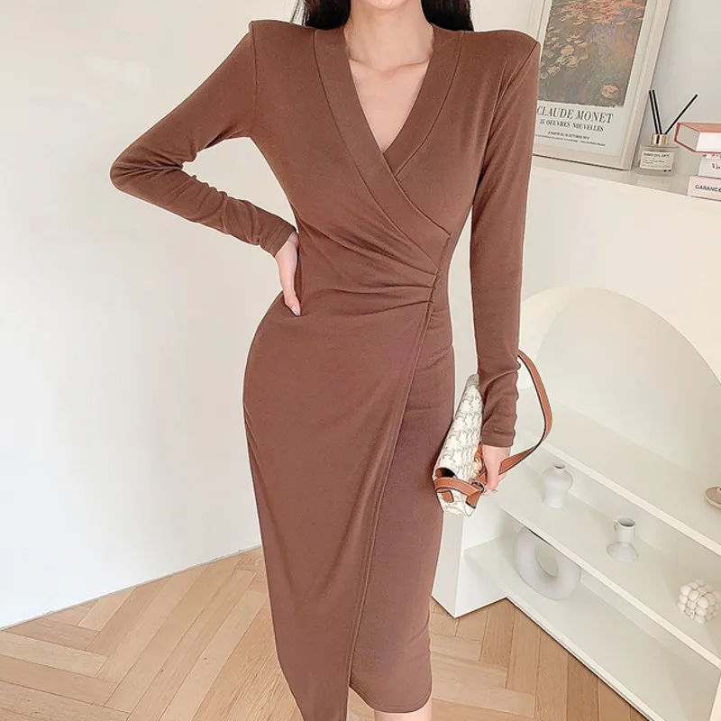

Женское трикотажное платье-свитер, Повседневное трикотажное платье с V-образным вырезом и поясом в Корейском стиле, Осень-зима 2021