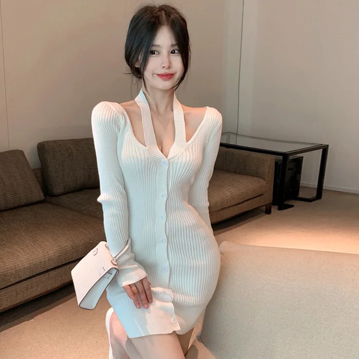 

CMAZ Dress For WomenGegejia Autumn Net Red Hot Girl Deep V Chest Halter Single-Breasted Knitted Skirt Slim-Fit Sheath Dress for