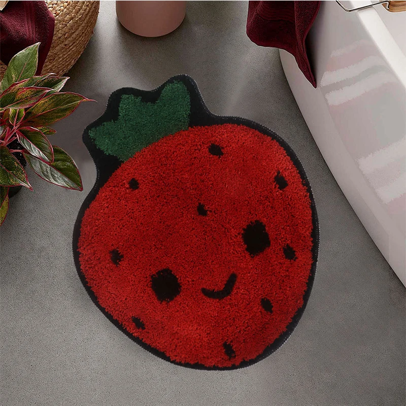 

Rectangle Cartoon Strawberry Flocking Floor Mat Carpet Bathroom Absorbent Foot Mat Bathroom Anti-slip Mat Household Door Mat