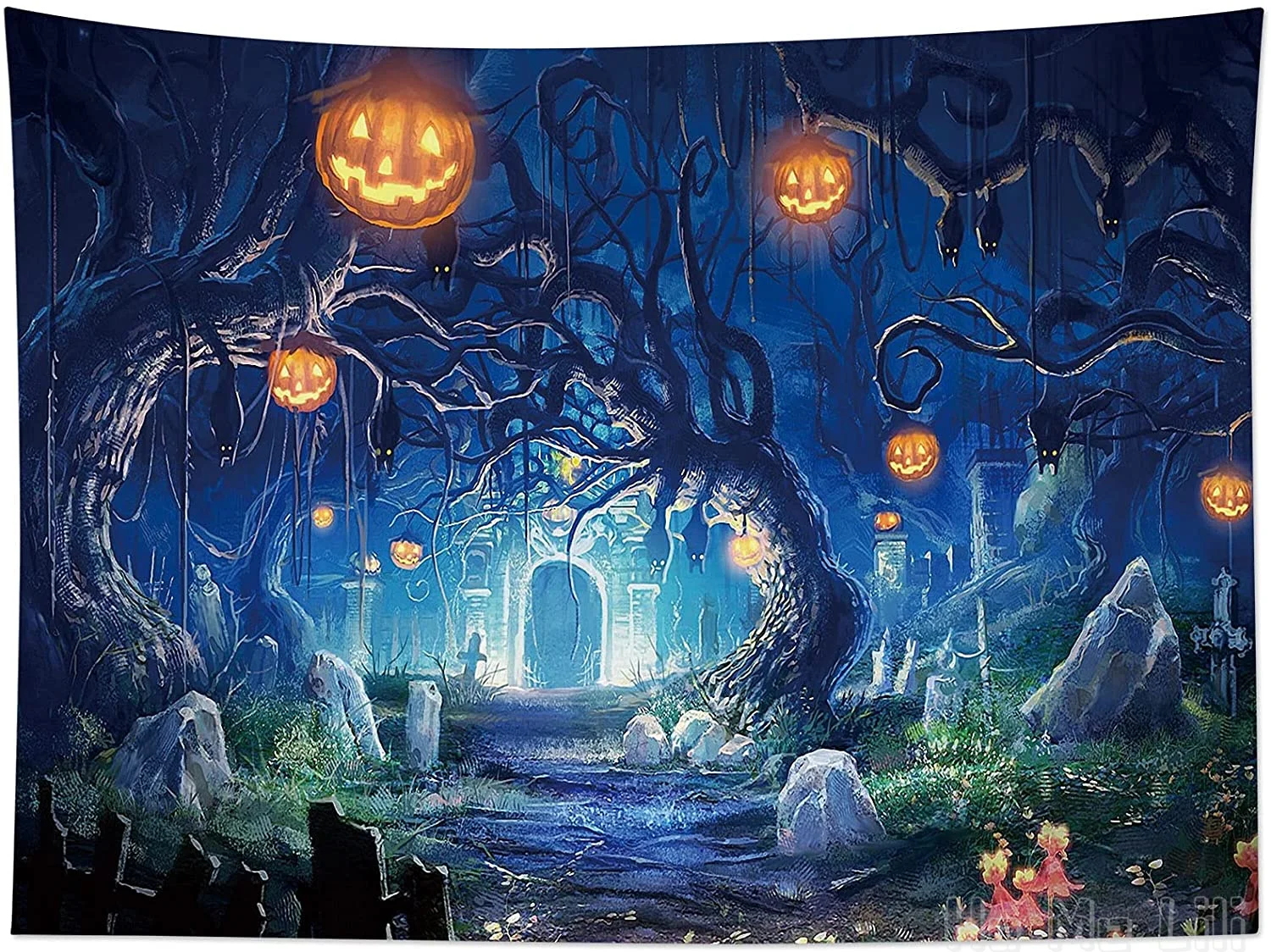 

Halloween Night By Ho Me Lili Tapestry Wall Hanging Haunted Woods With Grave And Pumpkins Blanket For Bedroom Living Room Dorm