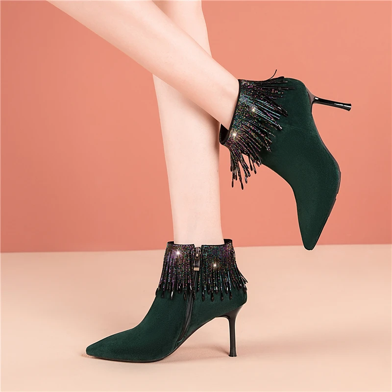 

CONASCO Office Lady Women Ankle Boots Autumn Winter Rhinestone Fringe Shoes Woman Sexy Pointed Toe Thin Heels Kid Suede Boots