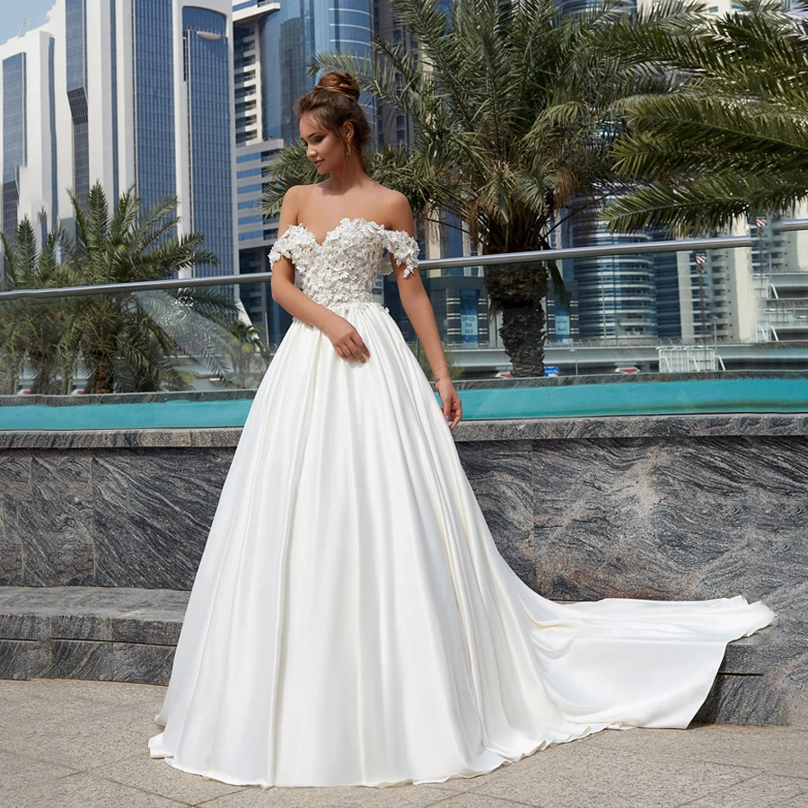 

Кружевное свадебное платье с открытыми плечами и 3D аппликацией цветов, сексуальные свадебные платья со шлейфом