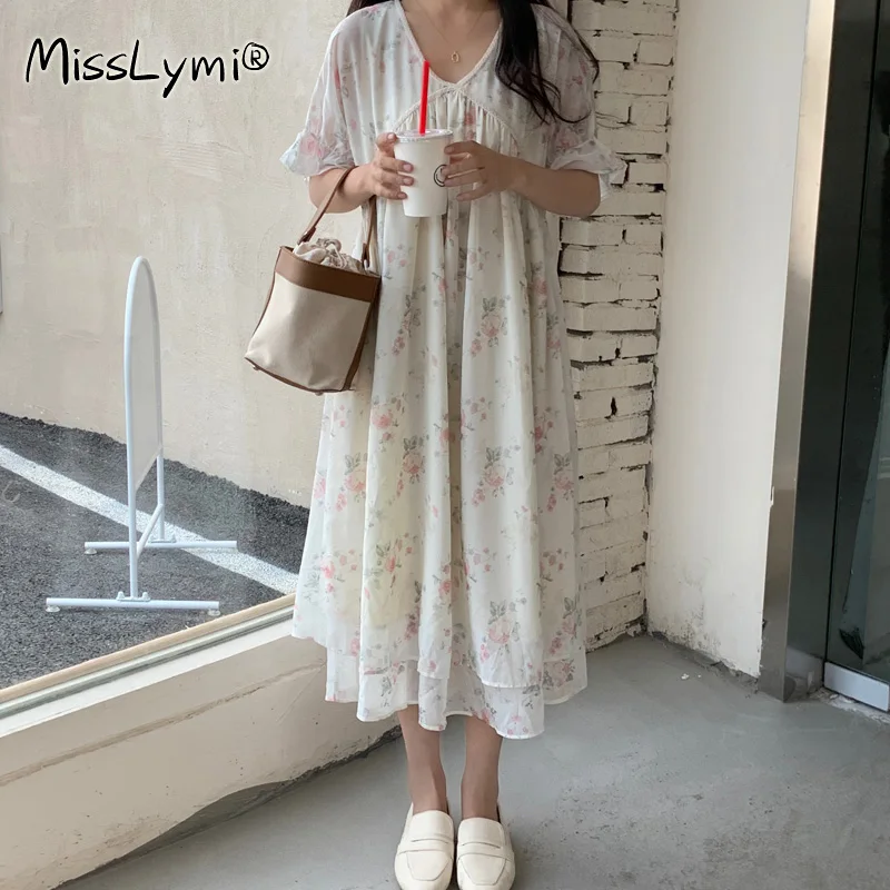 

4XL Plus Size Women French Floral Chiffon Dress Summer 2021 Ribbon V-Neck Short Sleeve Loose Casual Ladies Print Holiday Dresses