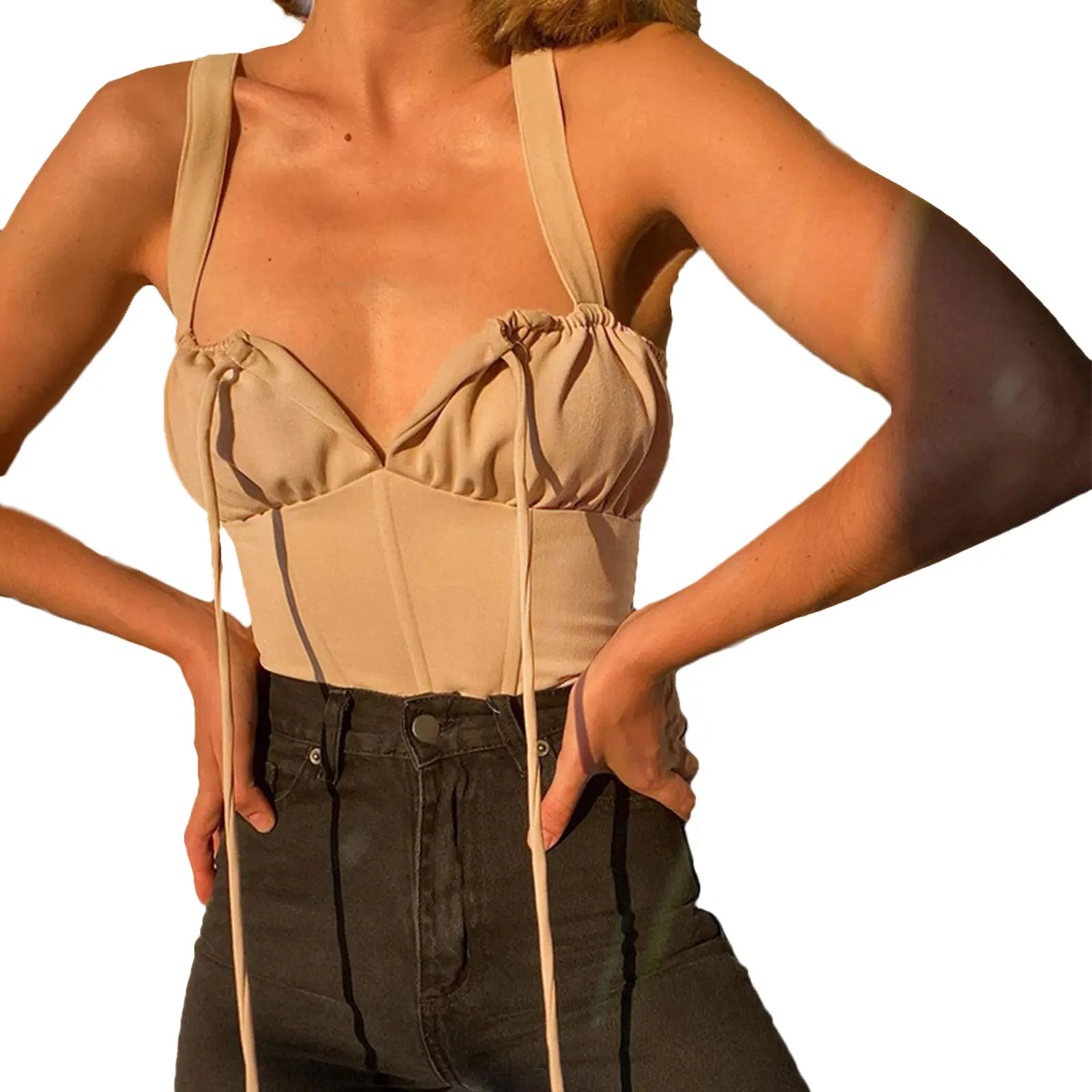 

Women’s Fashion Solid Color Camisole Sexy Lace-up Boat Neck Backless Exposed Navel Suspender Tops