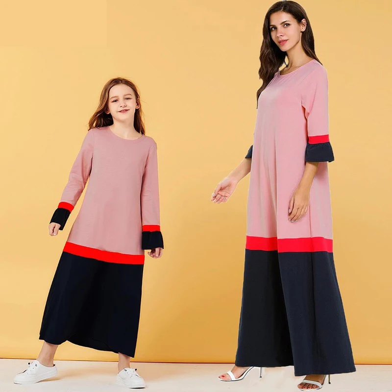 girl's Pink long sleeve round neck dress Muslim mom daughter dresses | Мать и ребенок