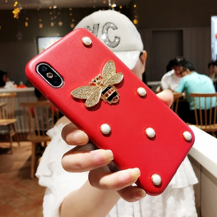 Роскошный кожаный мягкий чехол для телефона для iphone 7 чехол 3D мода алмаз пчела жемчуг Классический чехол для iphone 6 6s 7 8 plus X XR XS Max