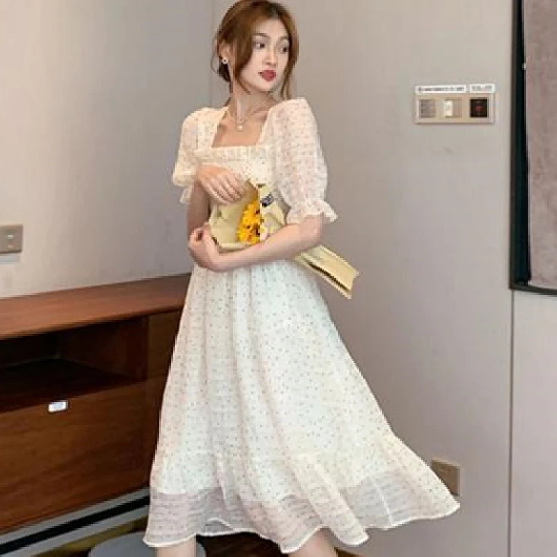 

For Female Dot 2021 Summer Floral Design Sweet Dress Short Sleeve Chiffon Elegant Dress Korean Style Square Collar Party Dress