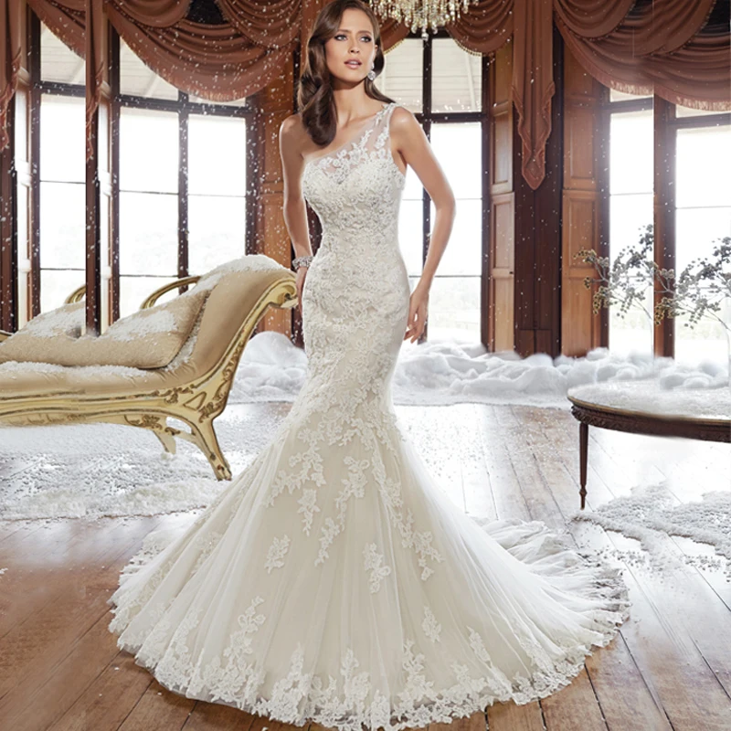 

Vintage One Shoulder Mermaid Wedding Dresses 2016 Beading Appliques Lace Wedding Gowns Bridal Dress Lace Up Vestido De Noiva