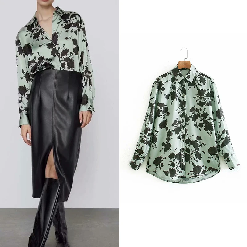 

Za 2020 Fashion Vintage Women Shirts Leaf Print Loose Shirts Long Sleeve Turn-Down Collar Oversized Blouse Mujer Tops