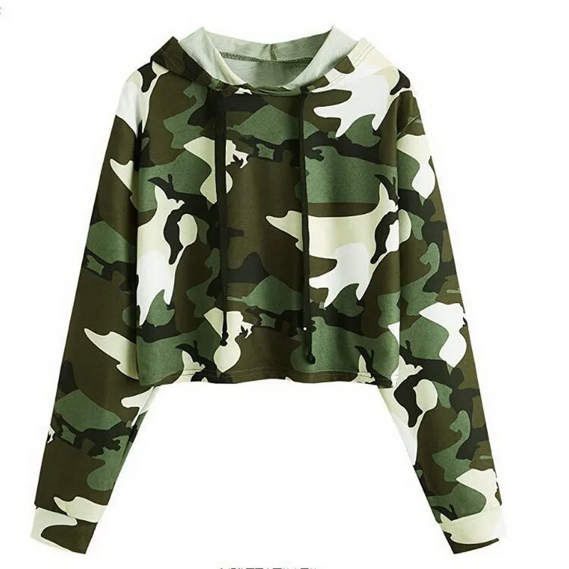 

2021 Spring Autumn Sweatshirt Women Korean Camo Print Long Sleeve Hoodies Casual Short Hooded