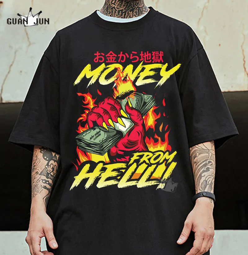

Футболка мужская оверсайз в стиле хип-хоп, Ретро футболка с принтом денег из ада, дьявола, уличная одежда в стиле панк, черная, на лето