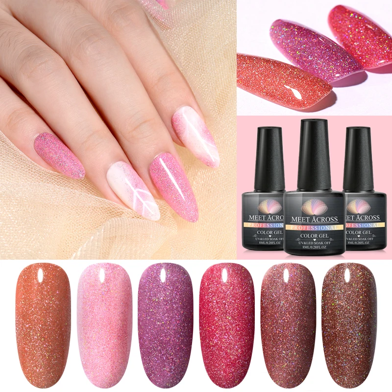 

MEET ACROSS Holographic Gel Nail Polish Pink Shimmer Shining Glitter Soak-Off UV LED Gel Long-lasting Varnish Lacquer