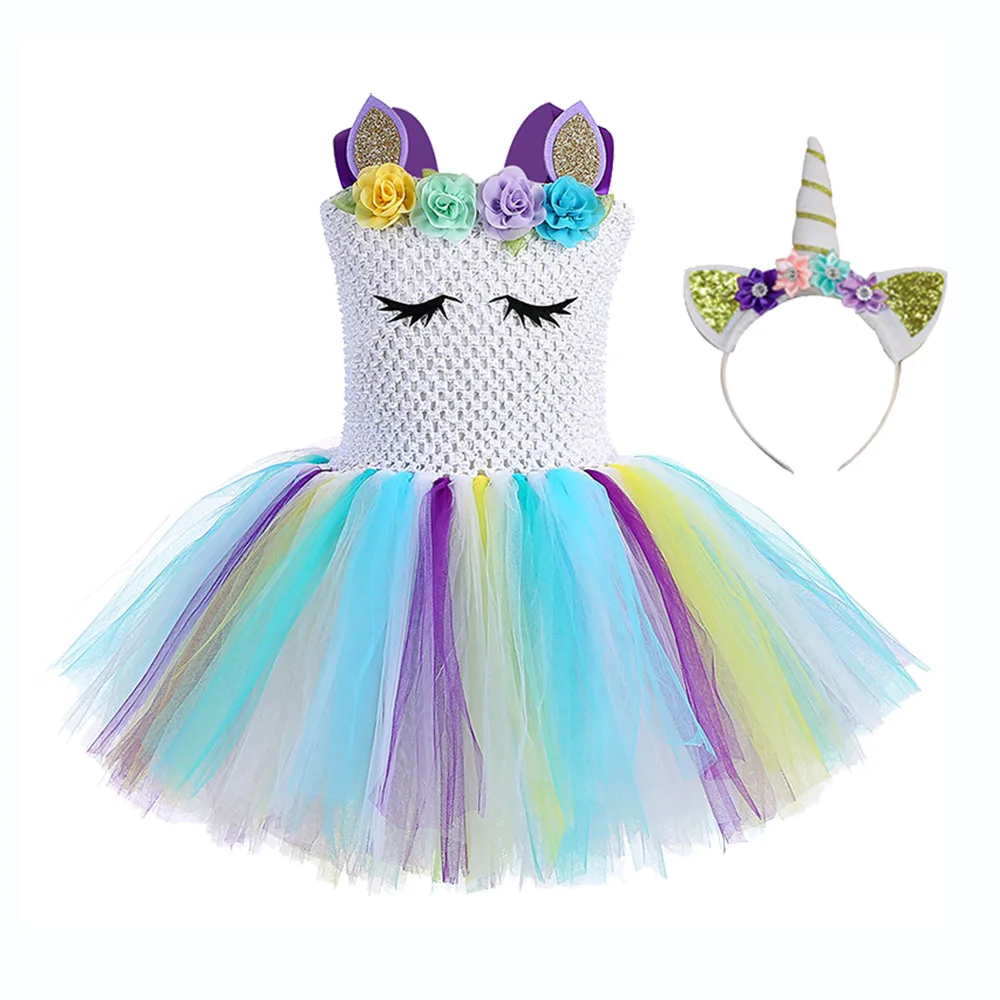 Unicorn Dress Set 5 Рождественское платье принцессы для маленьких девочек; платье с пони до колена; платье-сюрприз для подростков; платье-пачка с единорогом; повязка на голову; Крылья Ангела - Цвет: Unicorn Dress Set 5