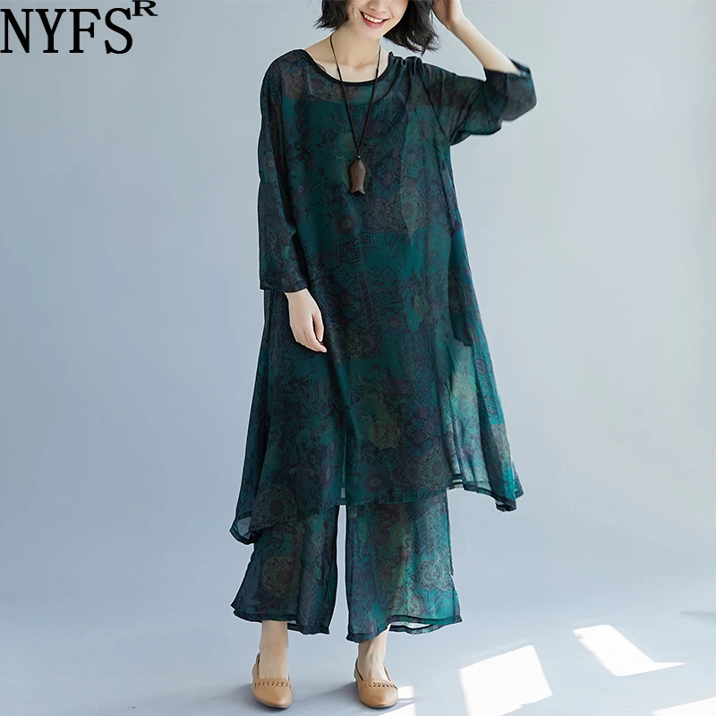 

NYFS 2020 New Summer Women's Office Suits Loose pants Women Set Chiffon printing 2 Piece Set Women