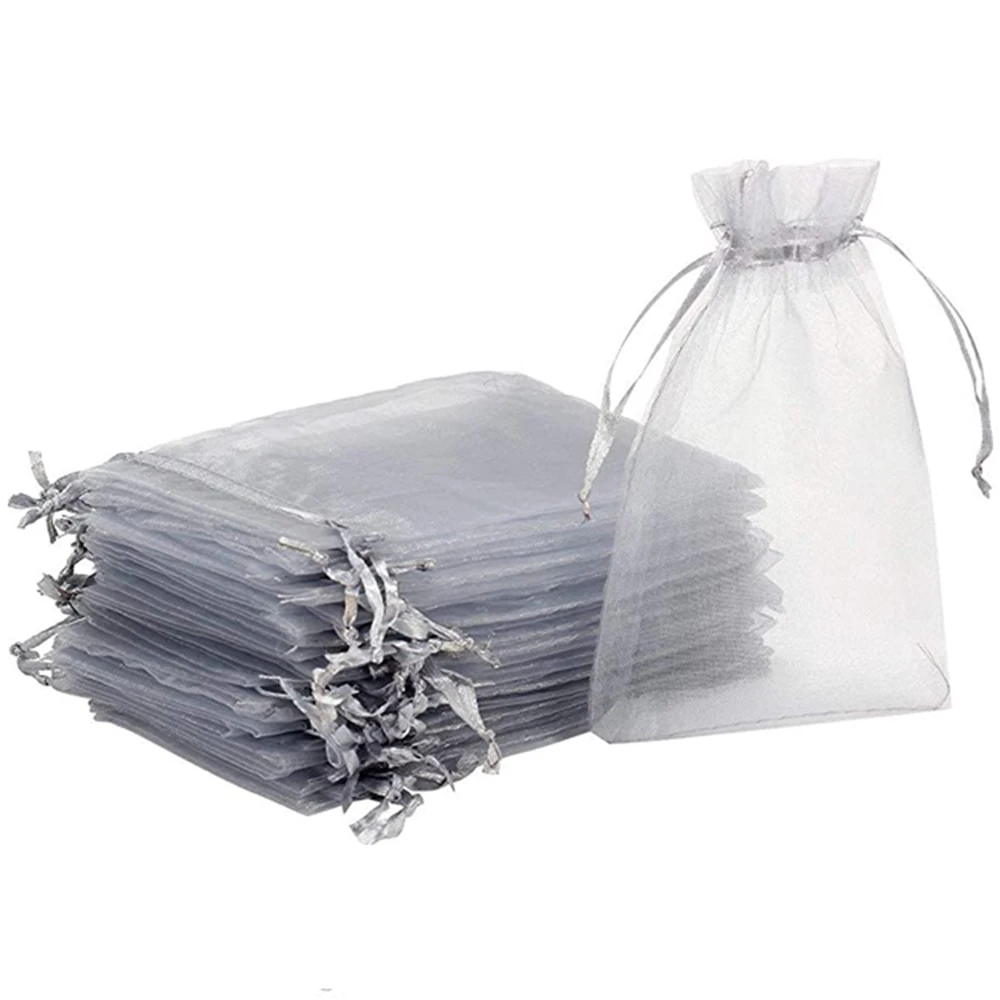 

100 Pcs Organza Gift Bags for Jewelry 8*10CM Grey Pockets Sheer Favor Pouches with Drawstring for Package Wedding Party Supplies