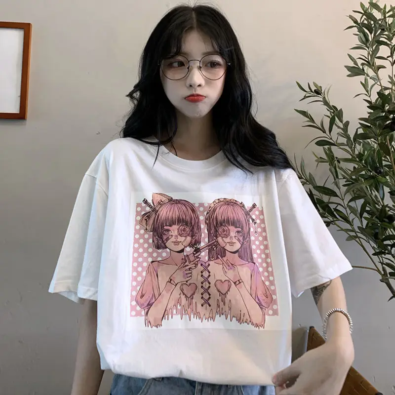 

Japanese Anime T Shirt Women Harajuku Tops shirt Cartoon Club Graphic Tees Female cotton punk T-shirt Korean version Gothic park