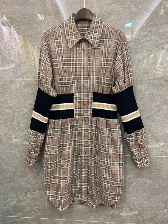 

2020 autumn and winter new women's lapel color matching stitching knitted plaid decorative dress 1226