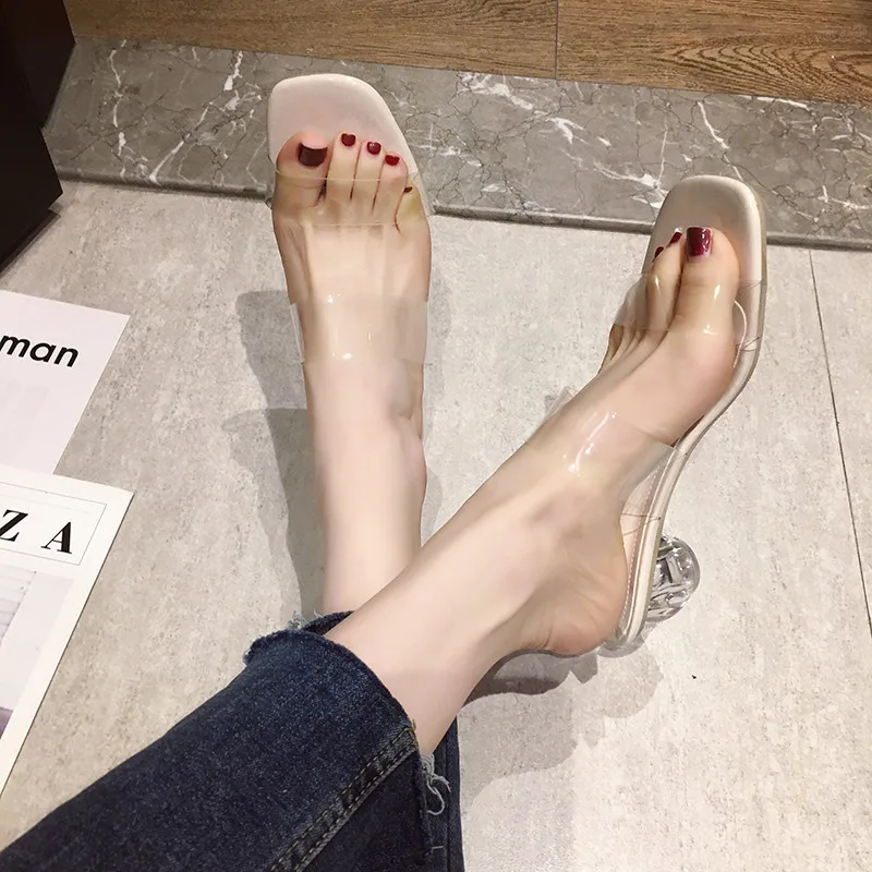 

Spot ladies new clear crystal heels with open toe PU leather shoes high heels women