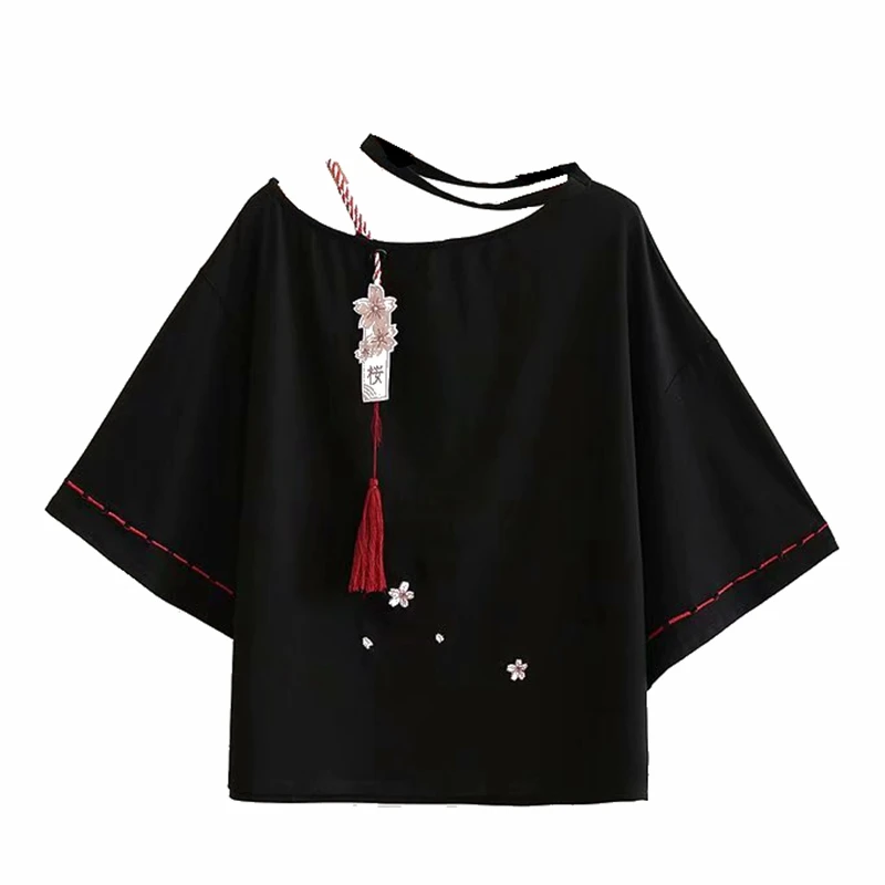 Милая Черная футболка с коротким рукавом для девушек женская летняя японской