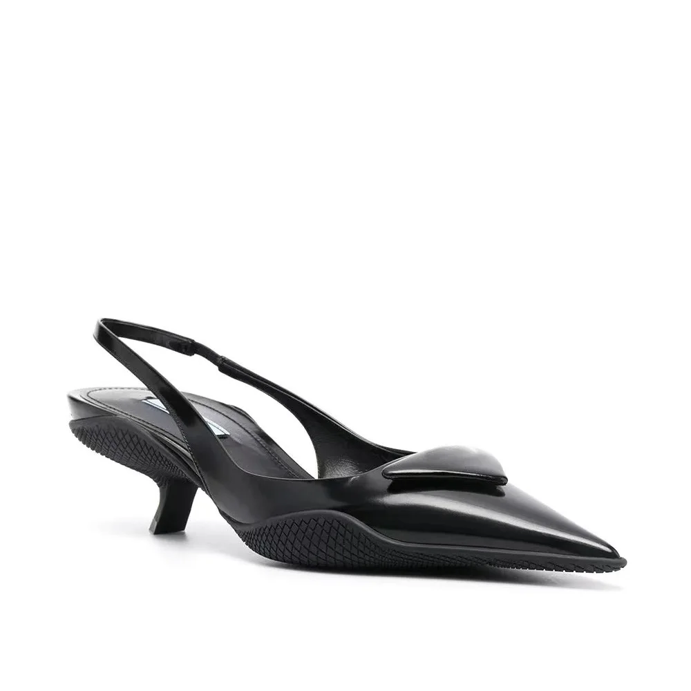 

2021 spring and summer new pointed back empty cat heel sandals thin heel triangle letter shallow mouth high heel shoes