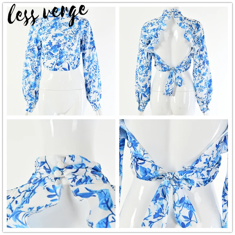 Lessverge Цветочная Сексуальная Блузка с открытой спиной рубашка Женская водолазка