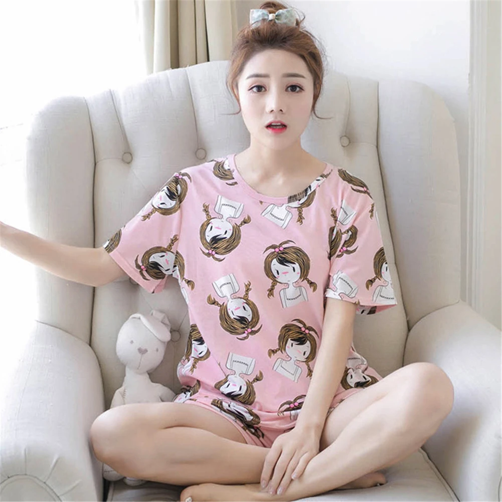 

Summer Women Pajamas Set Summer Sleep Wear Set Cute Short Sleeve Pajamas Suit Shorts Nightwear Cotton Suits Cartoon Girl 2XL