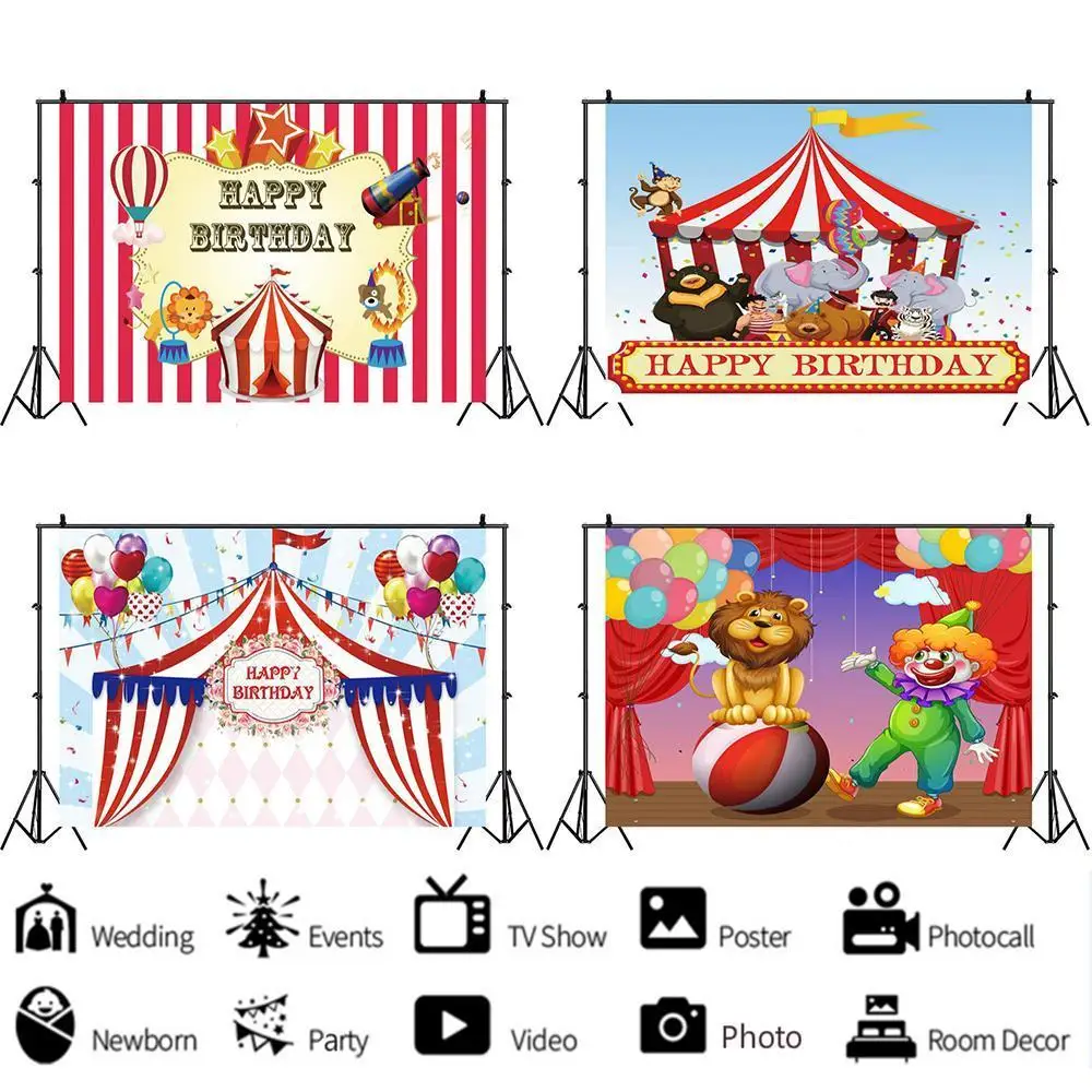 

Happy Circus Cute Clown Lion Animal Background Boy Birthday Party Decoration Photography Studio Photo 3D Digital Backdrop