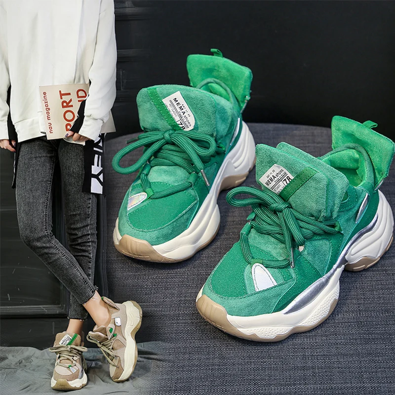 Новинка Модные Зеленые массивные кроссовки Женская повседневная обувь из