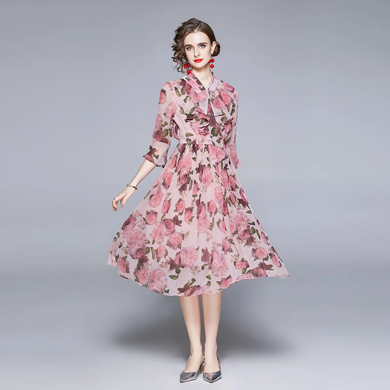 Женское длинное платье с бантом ZUOMAN розовое элегантное цветочным принтом лето |