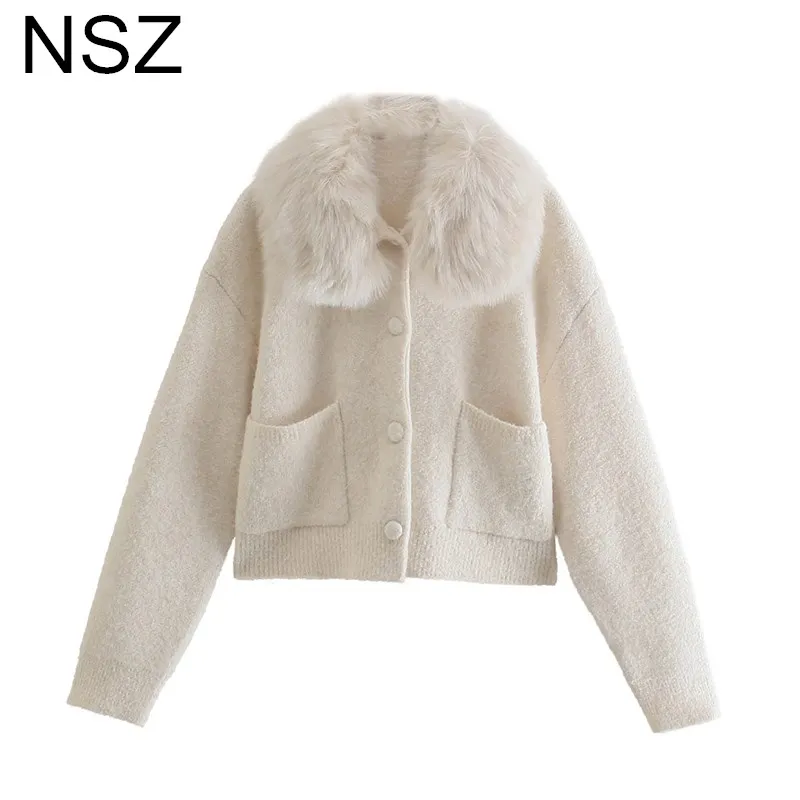 

NSZ Women Detachable Faux Fur Collar Knit Cardigan Sweater Jacket Coat Jumper Long Sleeve Elegant Chic Luxury Jersey Knitwear