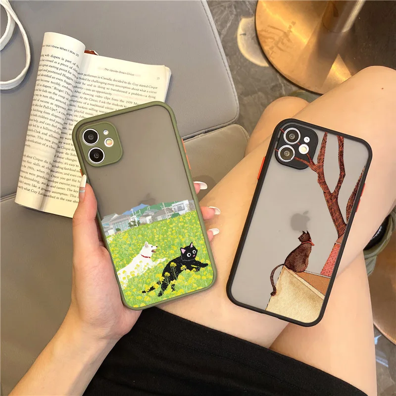 Cartoon Animal Cat Scenery Phone Case For iphone 6s 7 8 Plus SE2 11 12 14 13 Pro Max X XR XS MAX Hard Matte Shockproof Cover