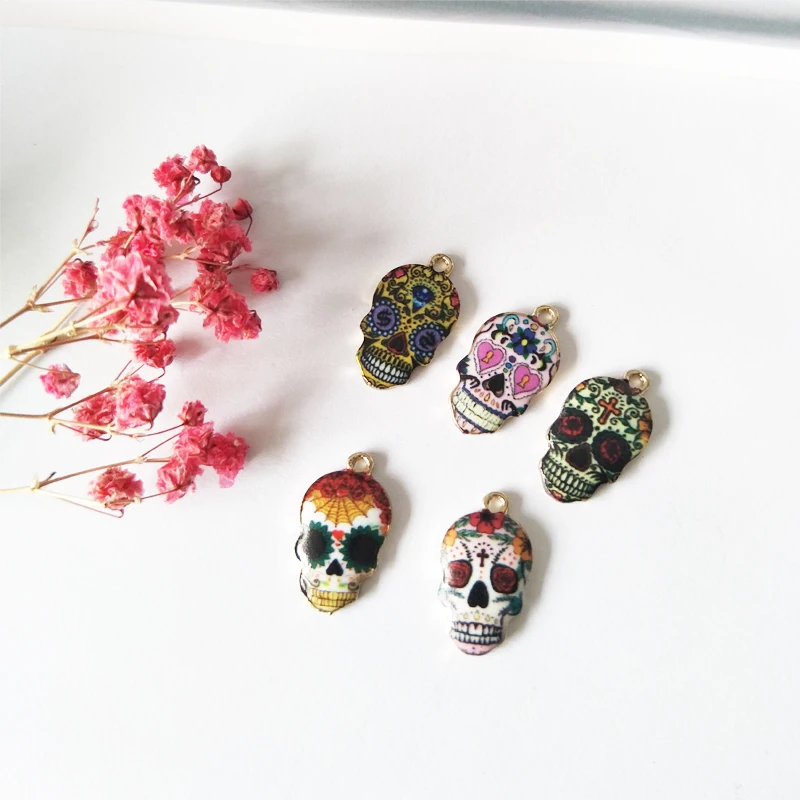 

10pcs 12*22mm Printed Skull Charms Halloween Alloy Enamel Pendants Bracelets DIY Female Fashion Jewelry Earring Decoration FX143