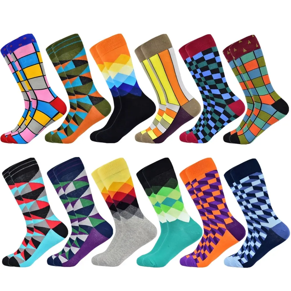 12 pairs socks-23 Популярные мужские носки из чесаного хлопка подарки для мужчин клетчатые геометрические повседневные мужские носки Цветные счастливые мужские носки - Цвет: 12 pairs socks-23