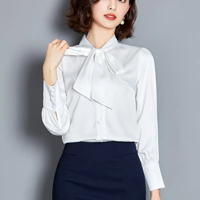 

Korean Silk Women Blouses Women Satin Blouse Shirts Plus Size Office Lady Solid Long Sleeve Shirt Tops Blusas Mujer De Moda XXXL