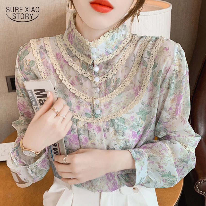 

Женская шифоновая блузка в стиле ретро, плиссированная блузка с длинным рукавом и принтом, кружевная рубашка на пуговицах, ажурная блузка с ...