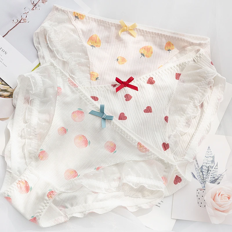 

Cute Japanese Underwear Women's Fruit Party Peach Strawberry Comfortable Cotton Cute Lace Low Waist Girl Fat