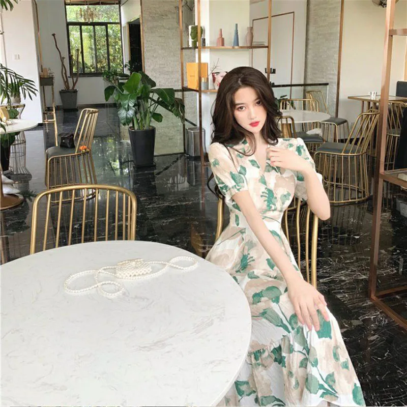 

Summer 2021 New French Floral Retro Slim Long Skirt Fashion Women Flower Printed Dress Lady Party A-Line Chiffon Dress HFJ