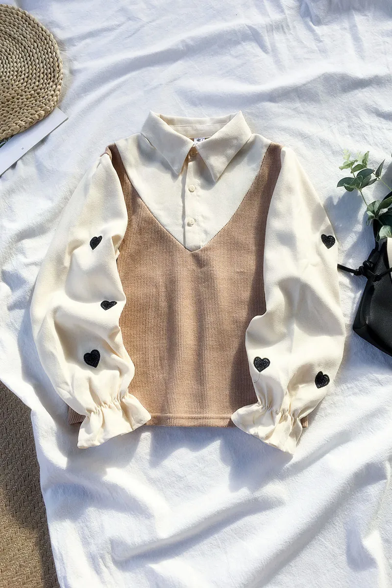 

2021 Spring New Sweet Fake Two-Piece Love Embroidered Cute Girl Shirt Student Female Loose Long Sleeve Blouse