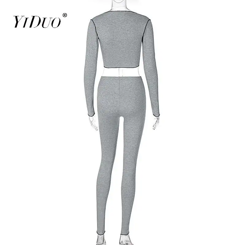 

YiDuo 2020 Long Sleeve Bandage Crop Tops Leggings 2 Piece Set Autumn Winter Women Fashion Streetwear Patchwork Tracksuit Outfits