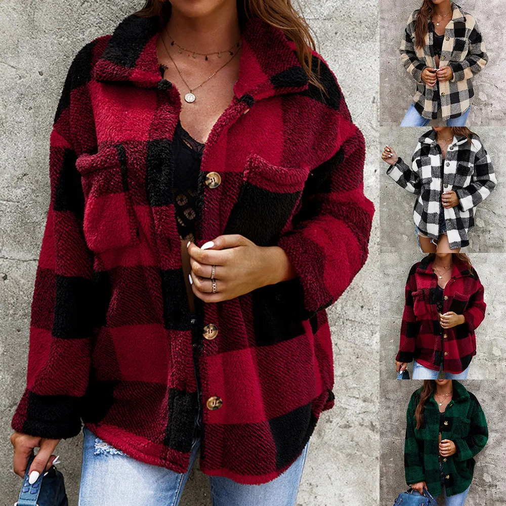 Autumn Winter Plaid Pulsh Jacket Women 2021 New Casual Single Breasted Turn Down Collar Sweater Coat Female Fleece Outerwear