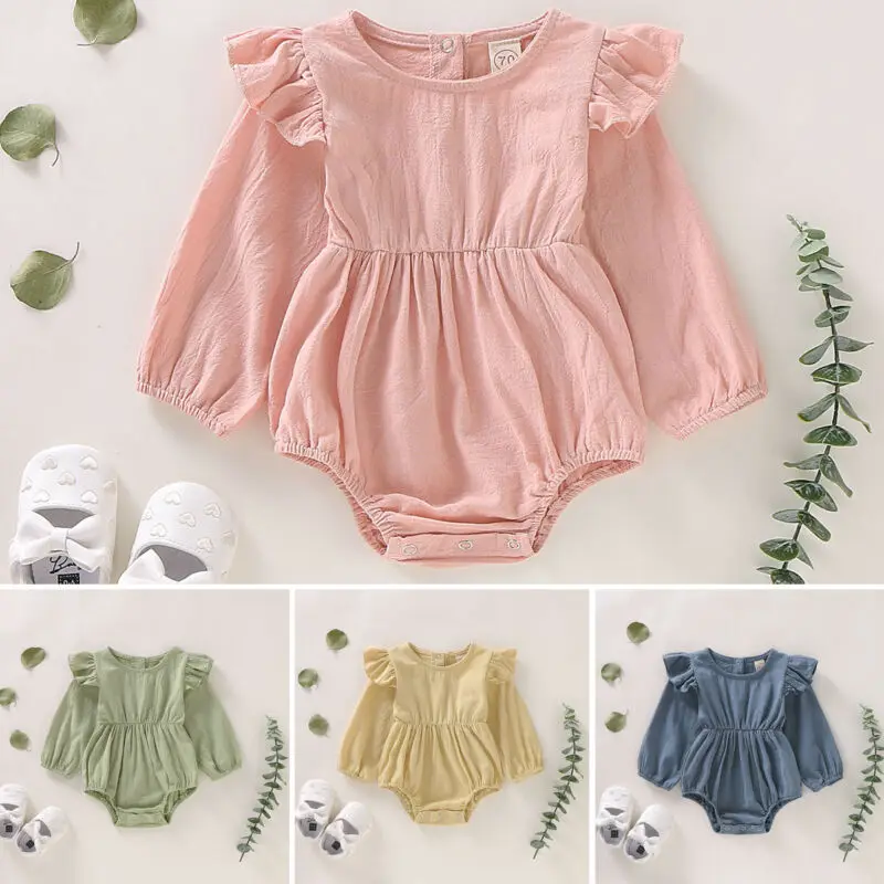 

0-24M Toddler Baby Girl Solid Color Ruffle Romper Jumpsuit Long Sleeve Outfits Clothes